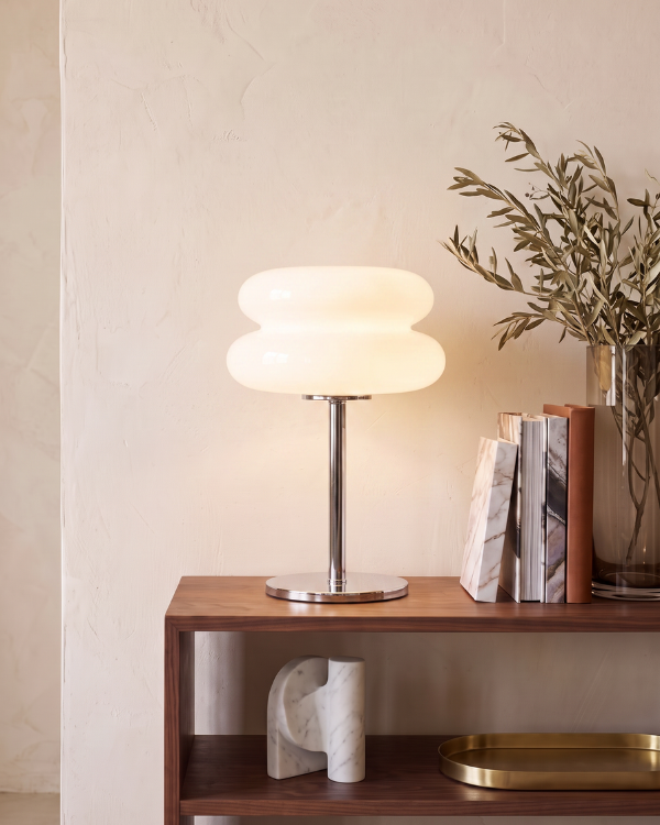 Macaron Table Lamp - CLOUD, two stacked frosted white domes on a slim chrome stem, view 2