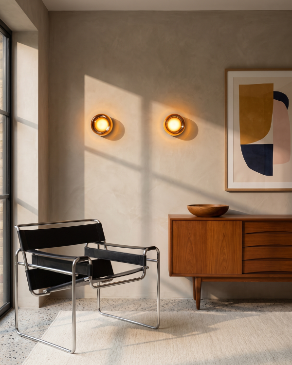 Wall Lamp - AVA, amber-tinted glass dome on a matte black aluminium base, view 2