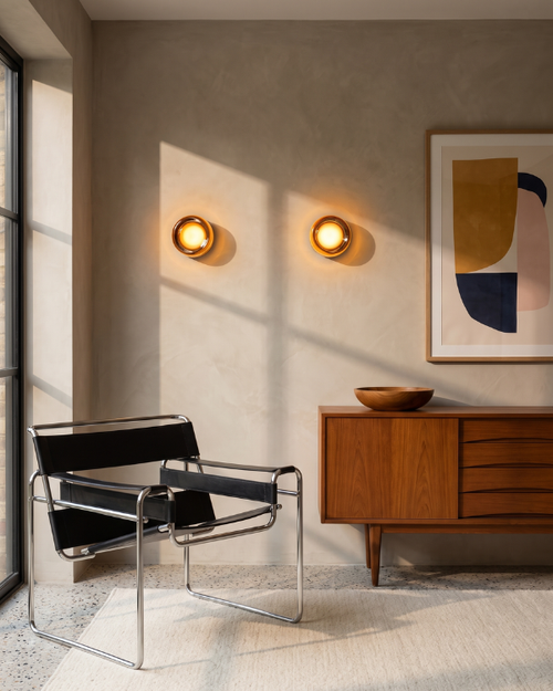 Wall Lamp - AVA, amber-tinted glass dome on a matte black aluminium base, view 2