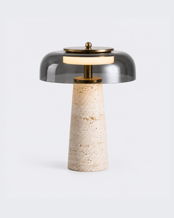 Essential Cozze, smoked glass dome on a natural travertine base