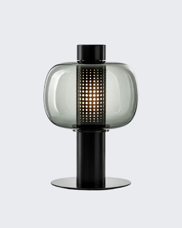 Stell's Lamp - SMOKE, smoke grey blown glass over a perforated metal cylinder