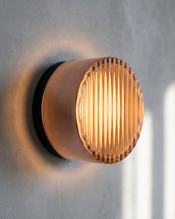 Wall Lamp - ILA, copper-toned ribbed glass dome on a matte black aluminium base, view 7