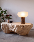 Armose Portable Lamp - Brown Marble, ribbed frosted glass shade on a veined brown marble base, view 2