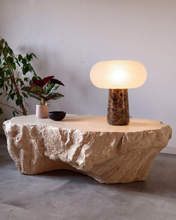 Armose Portable Lamp - Brown Marble, ribbed frosted glass shade on a veined brown marble base, view 2