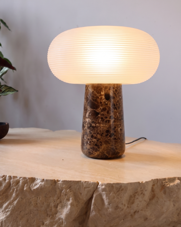 Armose Portable Lamp - Brown Marble, ribbed frosted glass shade on a veined brown marble base, view 4