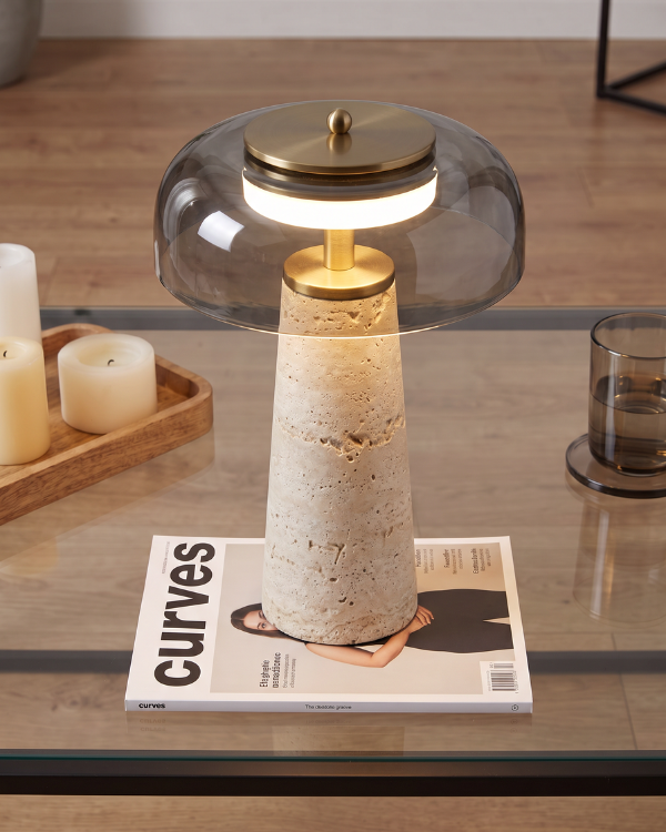 Essential Cozze, smoked glass dome on a natural travertine base, view 2