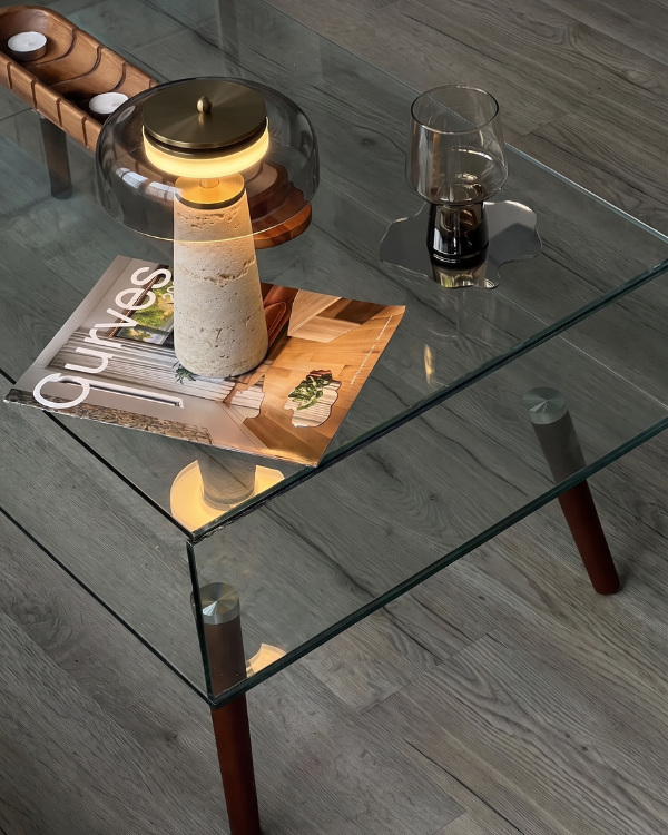 Essential Cozze, smoked glass dome on a natural travertine base, view 3