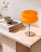 Macaron Table Lamp - TANGERINE, two stacked frosted orange domes on a slim chrome stem, view 2