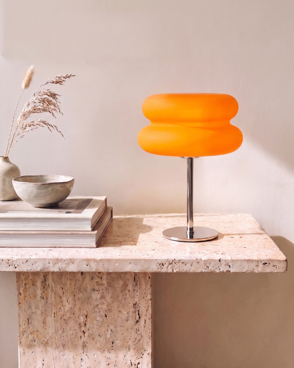 Macaron Table Lamp - TANGERINE, two stacked frosted orange domes on a slim chrome stem, view 3