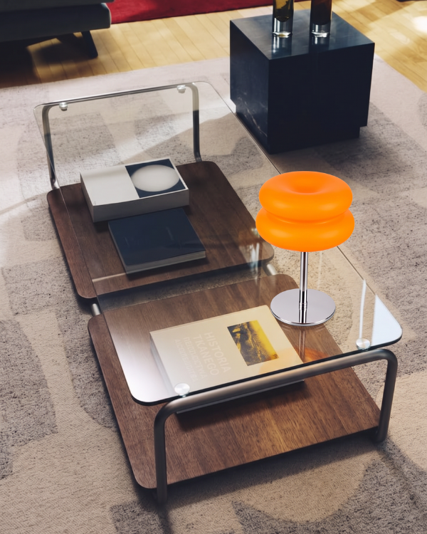 Macaron Table Lamp - TANGERINE, two stacked frosted orange domes on a slim chrome stem, view 4