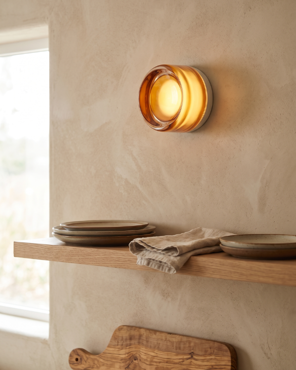 Wall Lamp - EVO, amber-tinted glass dome on a white aluminium base, view 2