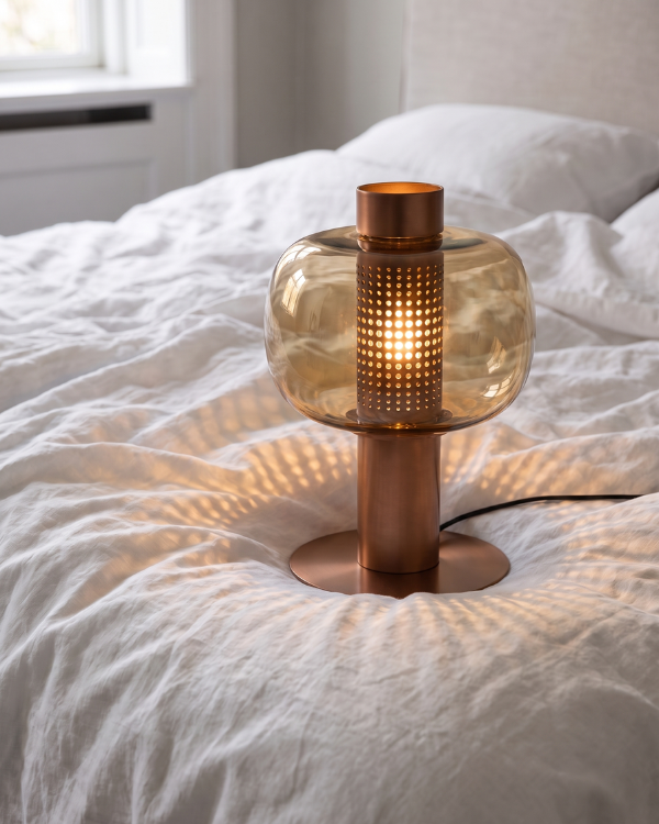 Stell's Lamp - COPPER, copper-toned blown glass over a perforated metal cylinder, view 6