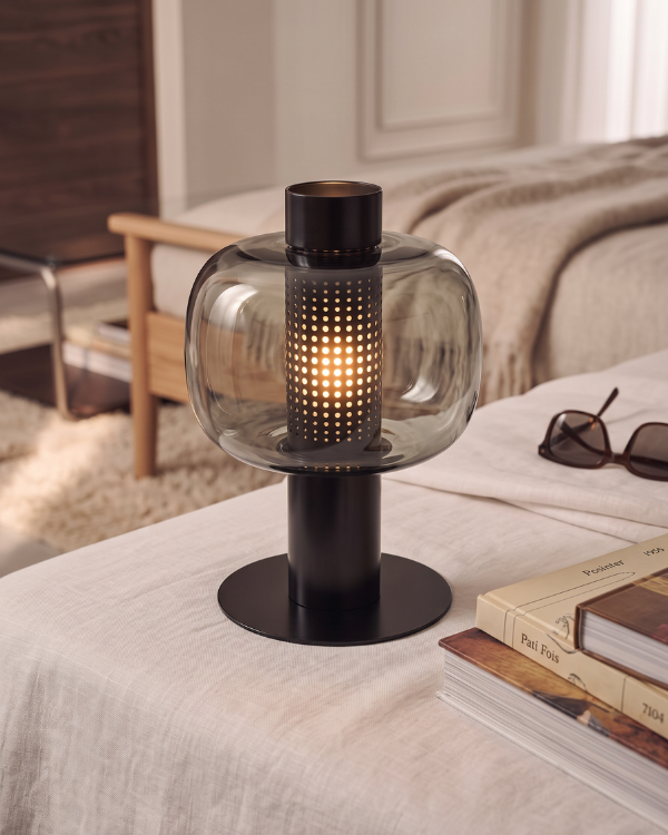 Stell's Lamp - SMOKE, smoke grey blown glass over a perforated metal cylinder, view 4