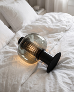 Stell's Lamp - SMOKE, smoke grey blown glass over a perforated metal cylinder, view 6