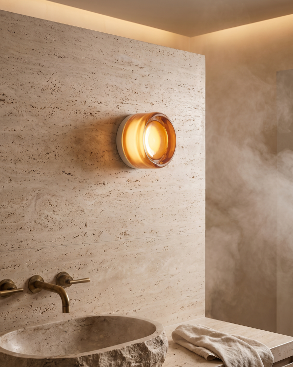 Wall Lamp - EVO, amber-tinted glass dome on a white aluminium base, view 3