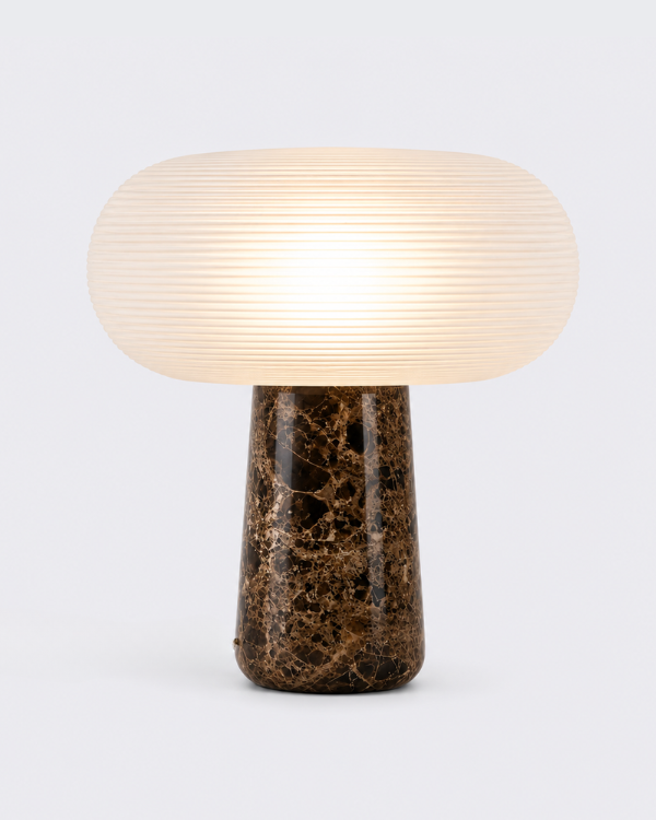 Armose Portable Lamp - Brown Marble, ribbed frosted glass shade on a veined brown marble base