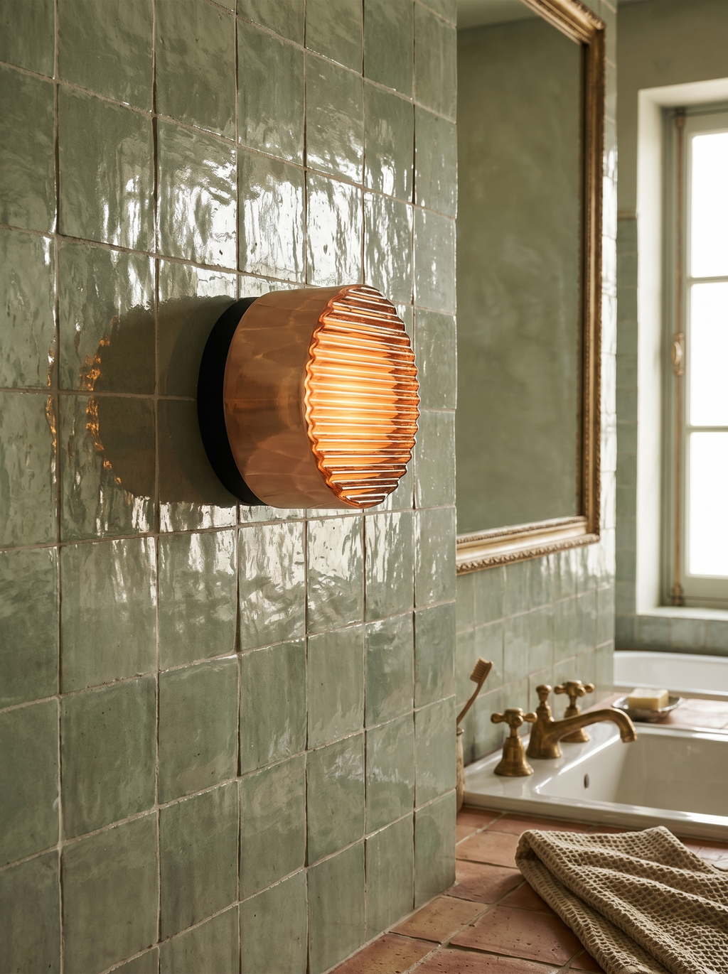 Wall Lamp - ILA, copper-toned ribbed glass dome on a matte black aluminium base, view 5