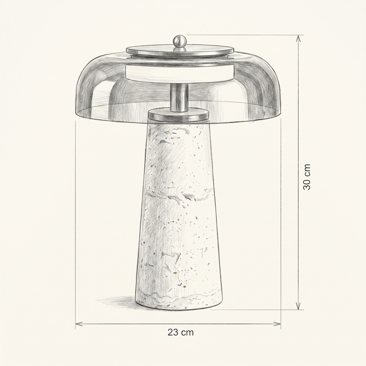 Portable Table Lamp – Natural Travertine Base & Smoked Glass Dome, Dimmable